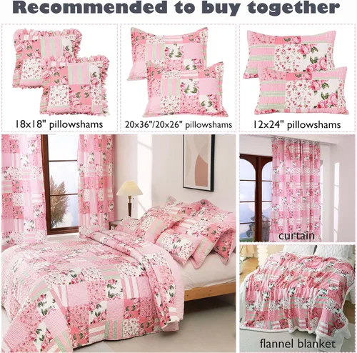 Vista 4 de Colcha floral con 1 funda de almohada, tamaño individual, juego de edredón de retazos rosa de 2 piezas, edredón de verano para niñas y mujeres