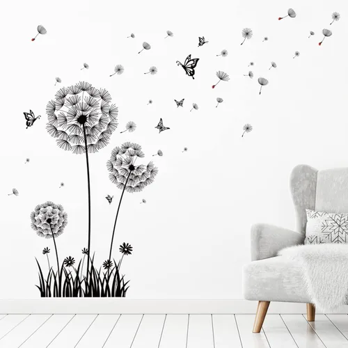 Vista 3 de BASHOM BS-105 Calcomanías de pared de diente de león negro flor voladora mariposas calcomanías para sala de estar, dormitorio, cuarto de bebé, baño