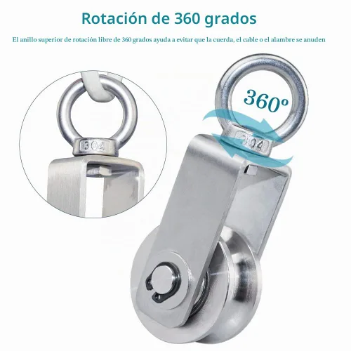 Vista 4 de Rueda de polea de cable giratoria de acero inoxidable, bloque de polea de rotación silenciosa, rueda de tracción para sistema de polea, elevación