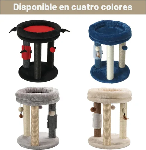 Vista 6 de MECOOL Árbol pequeño para gatos 4en1, poste rascador con torre, cama suave, alfombra de sisal, postes de yute con tres juguetes de bola colgante