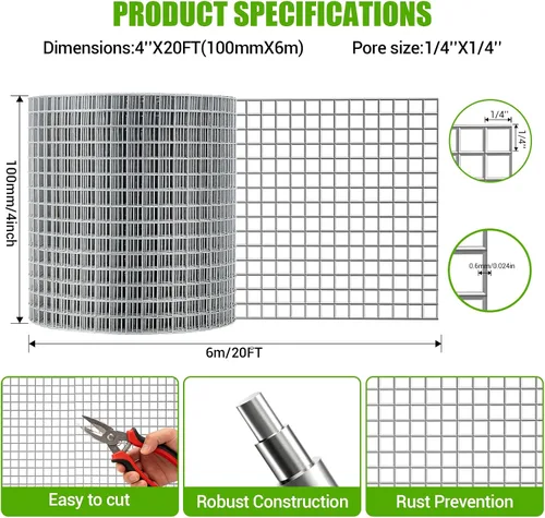 Vista 5 de Paño de hardware de 4 '' x 20 ', calibre 23 de 1/4 de pulgada, galvanizado en caliente después de soldar con autógena rollo de malla de alambre