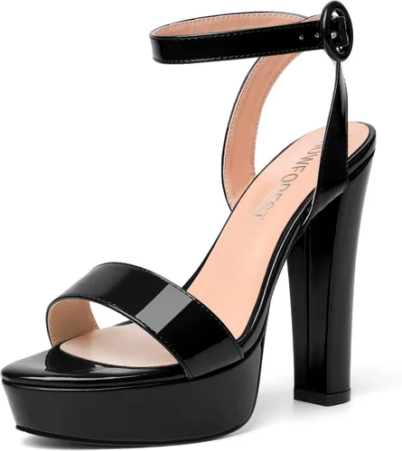 Vista 21 de SHOWFOREST Sandalias de tacón alto para mujer, con hebilla de plataforma y hebilla de charol y correa de tobillo de bloque sólido, 5 pulgadas Beige