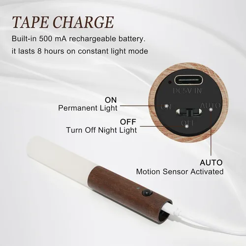Vista 2 de Apliques de pared, luz nocturna inteligente con sensor portátil, luz nocturna magnética recargable por USB de madera para dormitorio, pasillo