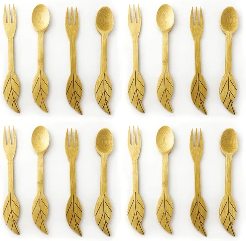 Vista 7 de JB Home Collection 4580 - Juego de 4 cucharas y tenedores reutilizables de bambú para aperitivo, frutas, postres, helado, yogur, especias, sal
