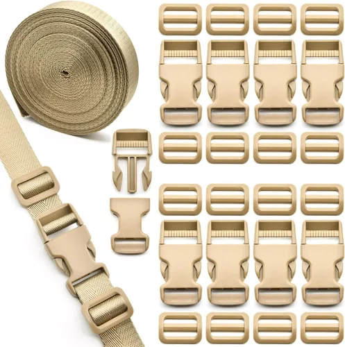 Vista 9 de Juego de correas de hebillas de 1 pulgada con correas de nailon de 10 yardas, 10 hebillas de plástico de liberación lateral rápida, 20 clips Verde