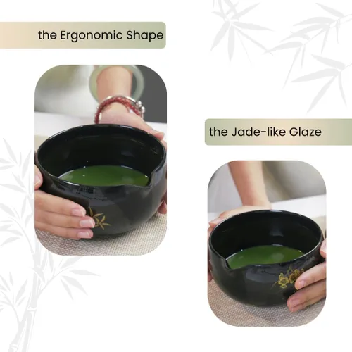 Vista 7 de Juego de batidor de matcha, 8 piezas de oro de flor de ciruelo para ceremonia de té japonesa, cuenco de cerámica con boquilla, batidor de bambú