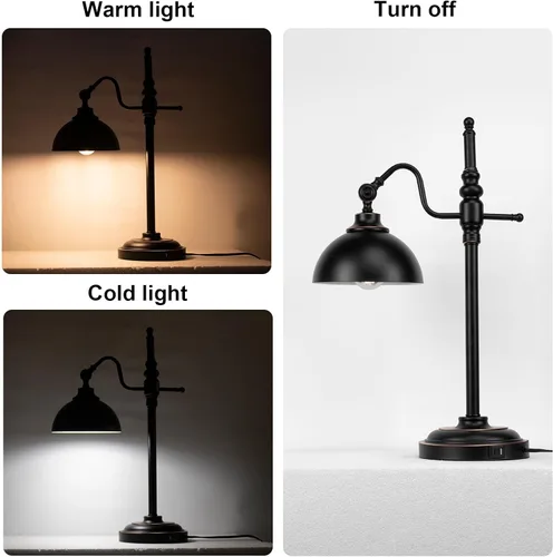 Vista 4 de Lámpara industrial de escritorio, lámpara de trabajo de metal negro con 2 puertos de carga USB, estilo vintage de granja para dormitorio, café