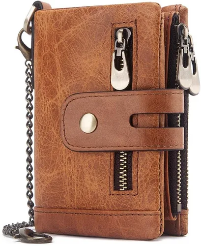 Vista 18 de boshiho Carteras de cuero auténtico con bloqueo RFID para hombre, billetera de doble pliegue con bolsillo para monedas con cremallera, con cadena