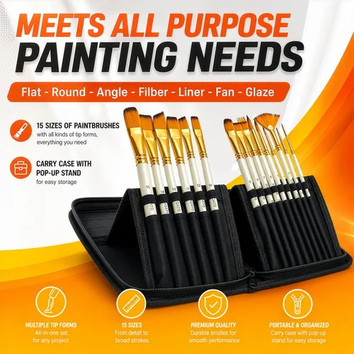 Vista 3 de DUGATO Juego de 15 pinceles para pintura artística con estuche emergente, cuchillo de paleta y esponjas, pelo de nailon para pintura acrílica, óleo