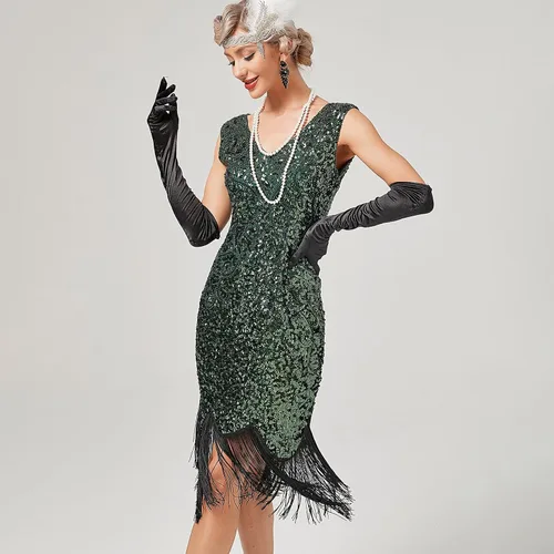 Vista 4 de Vestidos de los años 20 para mujer, vestidos estilo Gatsby, vestido de cóctel con flecos y lentejuelas vintage de los años 20