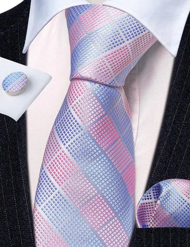 Vista 128 de Barry.Wang Juego de corbatas a cuadros para hombre con pañuelo gemelos de rayas clásicas