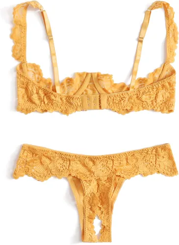 Vista 2 de SheIn Conjunto de lencería bordada de dos piezas de encaje transparente para mujer