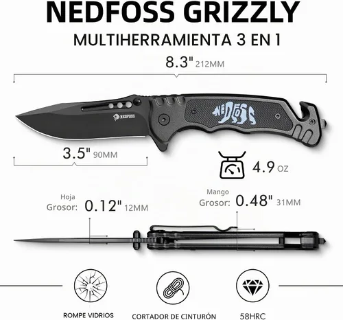 Vista 6 de NedFoss GRIZZLY Cuchillo de bolsillo, hoja de acero 8Cr14Mov de 3.5", cuchillo táctico 3 en 1 con rompecristales, cortador de cinturón, mango