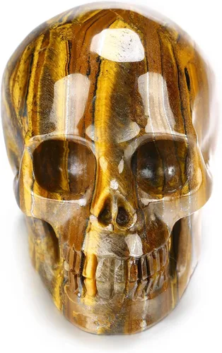 Vista 3 de Skullis Calavera de cristal de ojo de hierro de tigre de 2.0 pulgadas, escultura de arte fino de piedras preciosas talladas a mano, estatua