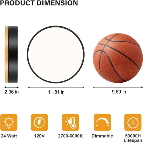 Vista 2 de Moderna lámpara de techo de madera regulable, lámpara de techo redonda negra LED empotrada, lámpara de techo minimalista para cocina, dormitorio
