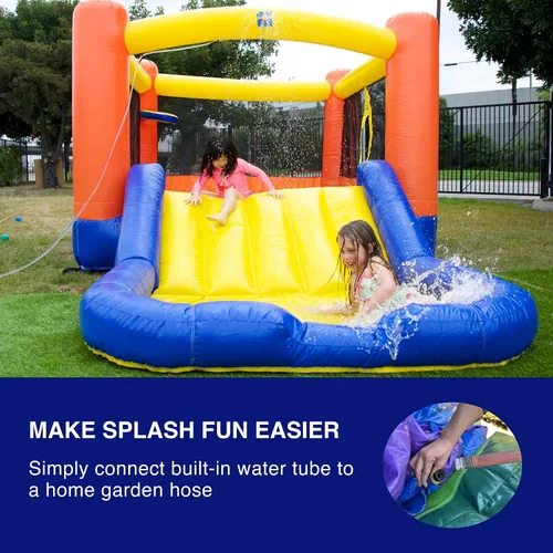 Vista 4 de JumpOrange Tobogán acuático naranja pequeño con piscina para niños pequeños y niños pequeños (con soplador), salto y tobogán, aro de baloncesto