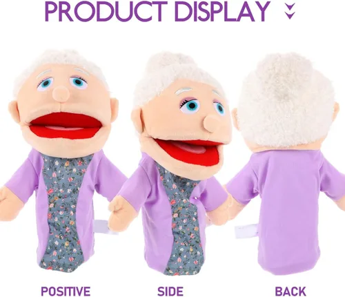 Vista 5 de Marioneta de mano para abuela, figura de miembro de la familia con boca móvil, marioneta de mano de felpa, juguetes de simulación, accesorios