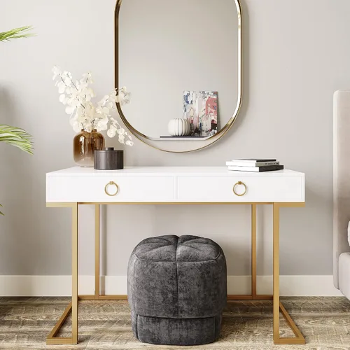 Vista 13 de BELLEZE moderna mesa de tocador, mesa de maquillaje o escritorio para oficina en casa, computadora, portátil, para escribir, con dos cajones de Negro