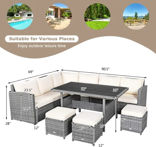 Vista 9 de HAPPYGRILL Juego de muebles de mimbre de ratán de 7 piezas, juego de muebles de patio al aire libre con cojines, juego de sofá de ratán con mesa