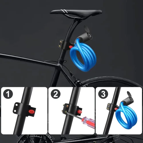 Vista 7 de Candado de bicicleta Candado de cable con combinación sin llave eLinkSmart: Candado de cable impermeable azul de 59.1 in de largo de acero