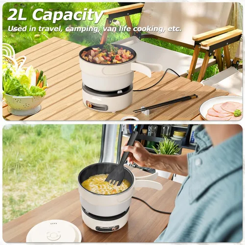 Vista 10 de HYTRIC Olla eléctrica portátil de 2 litros con mango plegable, olla eléctrica antiadherente con doble control de potencia para campamento