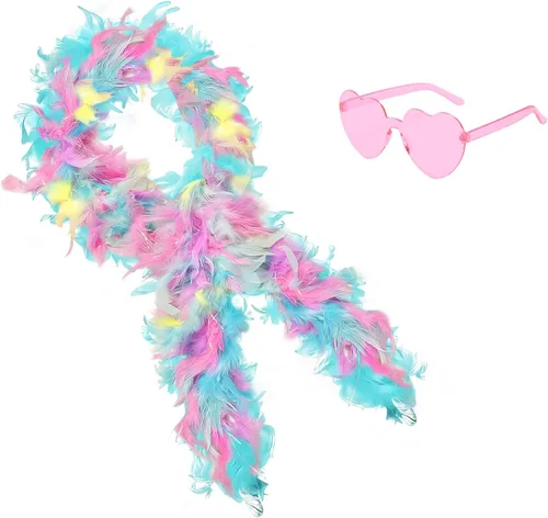 Vista 22 de Boa de plumas con lentes de sol sin montura de corazón, boa de plumas de 4 pies para despedida de soltero, Halloween, accesorio de disfraz