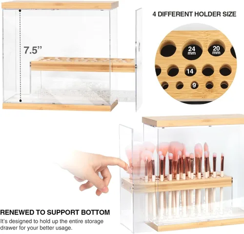 Vista 8 de JackCubeDesign MK228C - Organizador de cepillos de bambú acrílico de 31 agujeros con cajón de cuero (negro, 8.8 x 3.4 x 8.5 in)