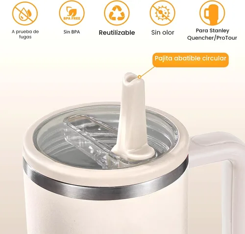 Vista 6 de Tapa a Prueba de Fugas de 30oz para Vaso Stanley Quencher H2.0, Tapa de Repuesto con Popote Abatible para Vaso de 30 oz Sin Derrames Cubierta