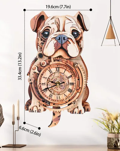 Vista 6 de Rompecabezas de madera 3D para adultos, rompecabezas 3D reloj bulldog (con péndulo) 32 piezas, rompecabezas de madera para principiantes