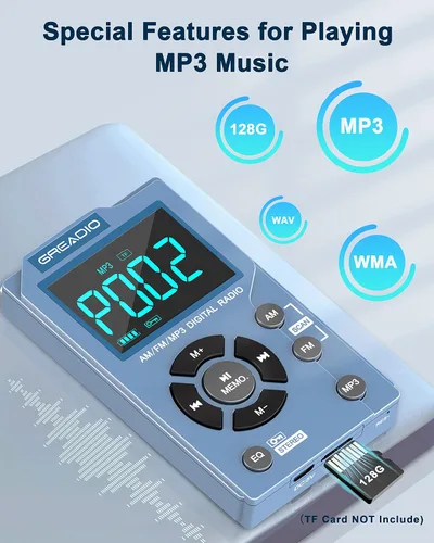 Vista 4 de Greadio Radio AM FM portátil con reproductor de MP3, la mejor radio de bolsillo de recepción, pantalla LCD grande y fácil de usar, estéreo de 6