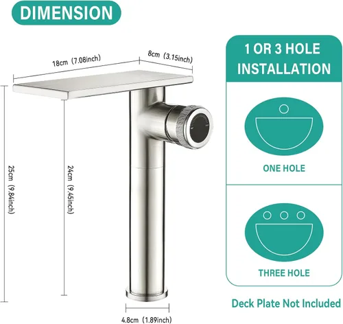 Vista 2 de becola Grifo Moderno de Lavabo de Baño, Grifo Alto para Lavabo de Baño, Grifo de Lavabo de Cuerpo en Níquel Cepillado, Grifo de Orificio Único