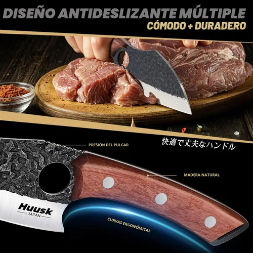 Vista 4 de Huusk - Juego de 3 cuchillos japoneses para cortar carne, juegos de cuchillos vikingos forjados a mano con cuchillo de carne, juegos de cuchillos