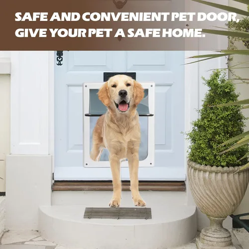 Vista 7 de Puerta corredera interior con solapa para perros, 2 maneras de bloqueo para mascotas, puerta de cristal con solapa transparente
