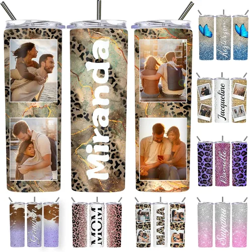 Vista 29 de Vaso delgado personalizado con purpurina con tapas y popotes, nombres, vasos de acero inoxidable personalizados con imagen para mujeres, hombres