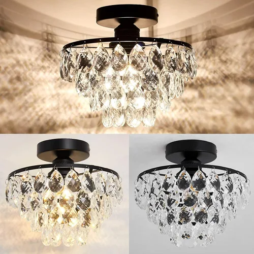 Vista 3 de Modern Celing Light Small Crystal Fixture Mini Black Semi Flush Mount Chandelier Light Fixture for Hallway Bedroom Bathroom Closet e26