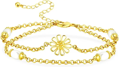 Vista 12 de Pulsera de perlas de oro para mujer, chapado en oro de 14 quilates, pulsera de perlas delicadas de doble capa, elegante regalo de joyería apilable