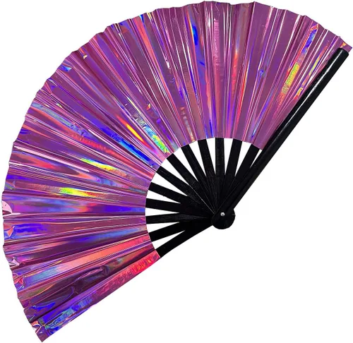 Vista 7 de Ventilador de mano plegable grande para hombres y mujeres, ventilador holográfico para mujeres, fiesta de baile, festivales, Halloween, EDM