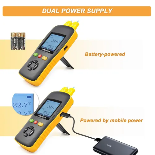 Vista 7 de Tzone Termómetro de datos de termopar tipo K/T/J Termómetro de doble sonda de mano dual channel temp recorder usb,digital,61440 recordings,auto