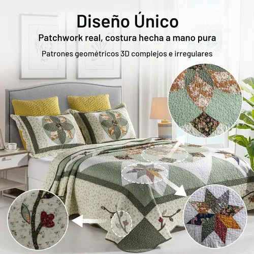 Vista 2 de YAYIDAY Edredón tamaño Queen, juego de colcha acolchada de retazos - 100% algodón reversible transpirable, estampado geométrico verde tierra