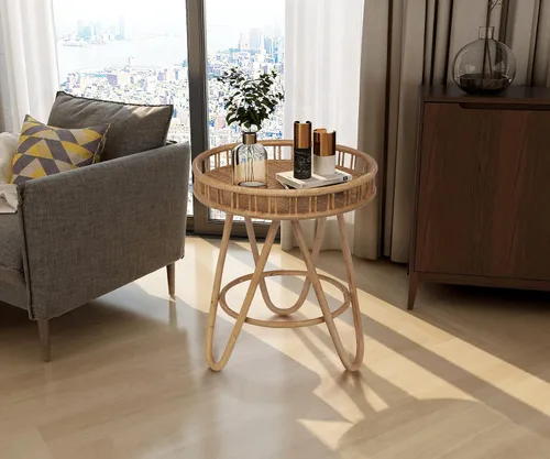 Vista 10 de FINECASA Mesa de centro redonda de ratán bohemio, tejida a mano, estilo moderno, mesa de centro redonda de mimbre para sala de estar, 32 x 18 Marrón