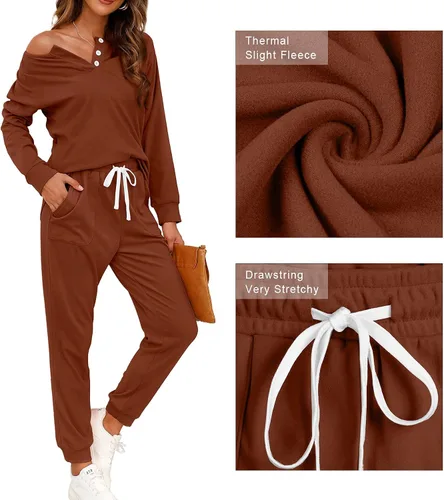 Vista 4 de Wiholl - Conjuntos de dos piezas para mujer ropa cómoda con sudadera abotonada y pantalones deportivos con bolsillos