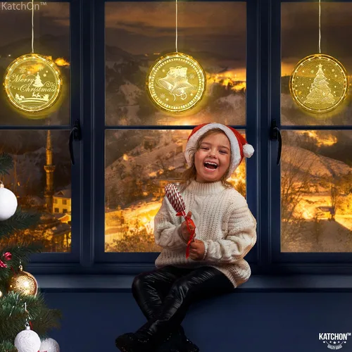 Vista 7 de KatchOn, Decoraciones navideñas iluminadas para ventanas de interiores, paquete de 3 unidades, Papá Noel, renos y árbol de Navidad para decoración