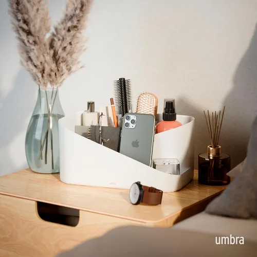 Vista 2 de Umbra Glam Organizador de cosméticos, contenedor de almacenamiento versátil con inserto extraíble para baño, oficina y más, color blanco