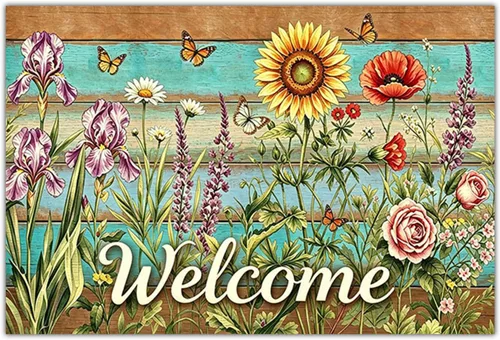 Vista 19 de Felpudo con texto en inglés «Bless This Home and All Who Intre», diseño floral de bienvenida, decoración de baño