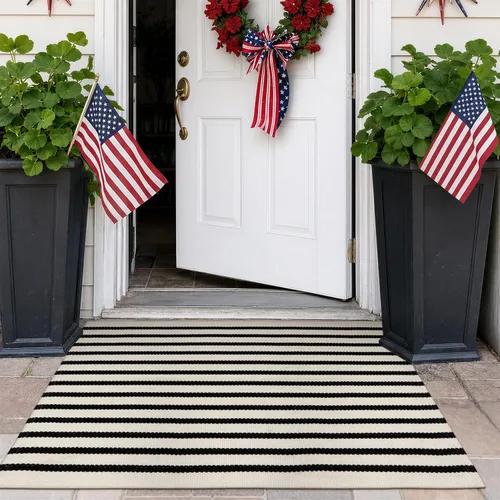 Vista 5 de KIMODE - Alfombra de algodón tejida con diseño a rayas en color negro, para puerta de entrada, cocina, decoración de estilo rústico