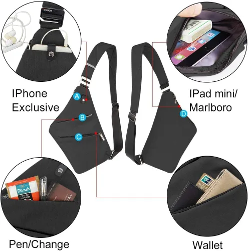 Vista 4 de OSOCE Bolso bandolera ligero, antirrobo para mujeres y hombres, bolsa cruzada de hombro casual, bolsa deportiva, para viajes, senderismo, color Negro