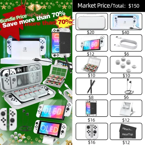 Vista 3 de Switch OLED Accessories Bundle 25 in 1 for Nintendo Switch OLED, Gift Kit with LED Display Cover, Carrying Case, Dockable Protective Case etc, Cool