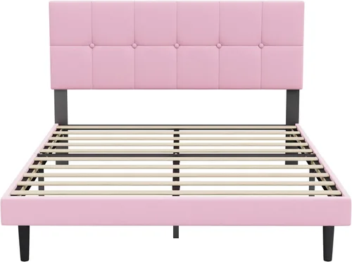 Vista 6 de Base de cama de plataforma de terciopelo tamaño Queen con cabecera tapizada y soporte de listones resistentes, diseño capitoné, no requiere somier