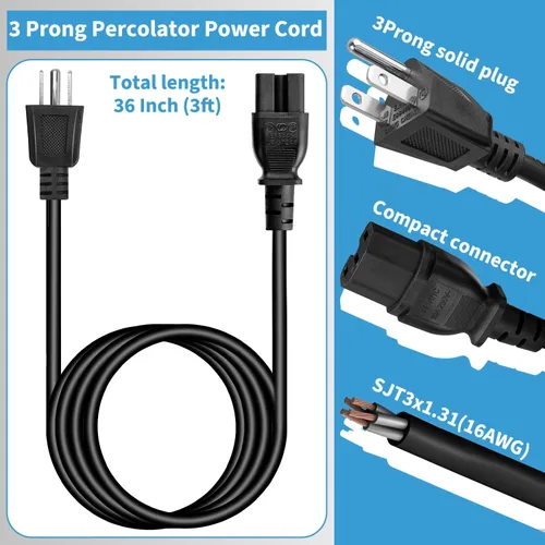 Vista 4 de HASMX Cable de alimentación percolador de 3 clavijas de 36 pulgadas para percolador Hamilton Beach modelo 40616, pieza de repuesto para cafetera