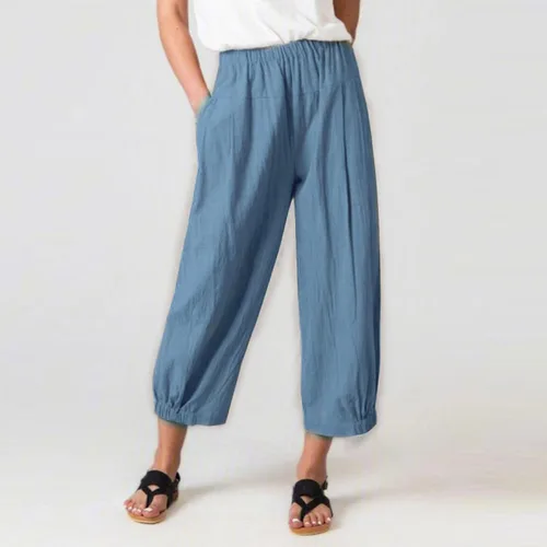 Vista 2 de Pantalones de lino de verano para mujer, cintura alta, con cordón, estampados, pantalones capri bohemios